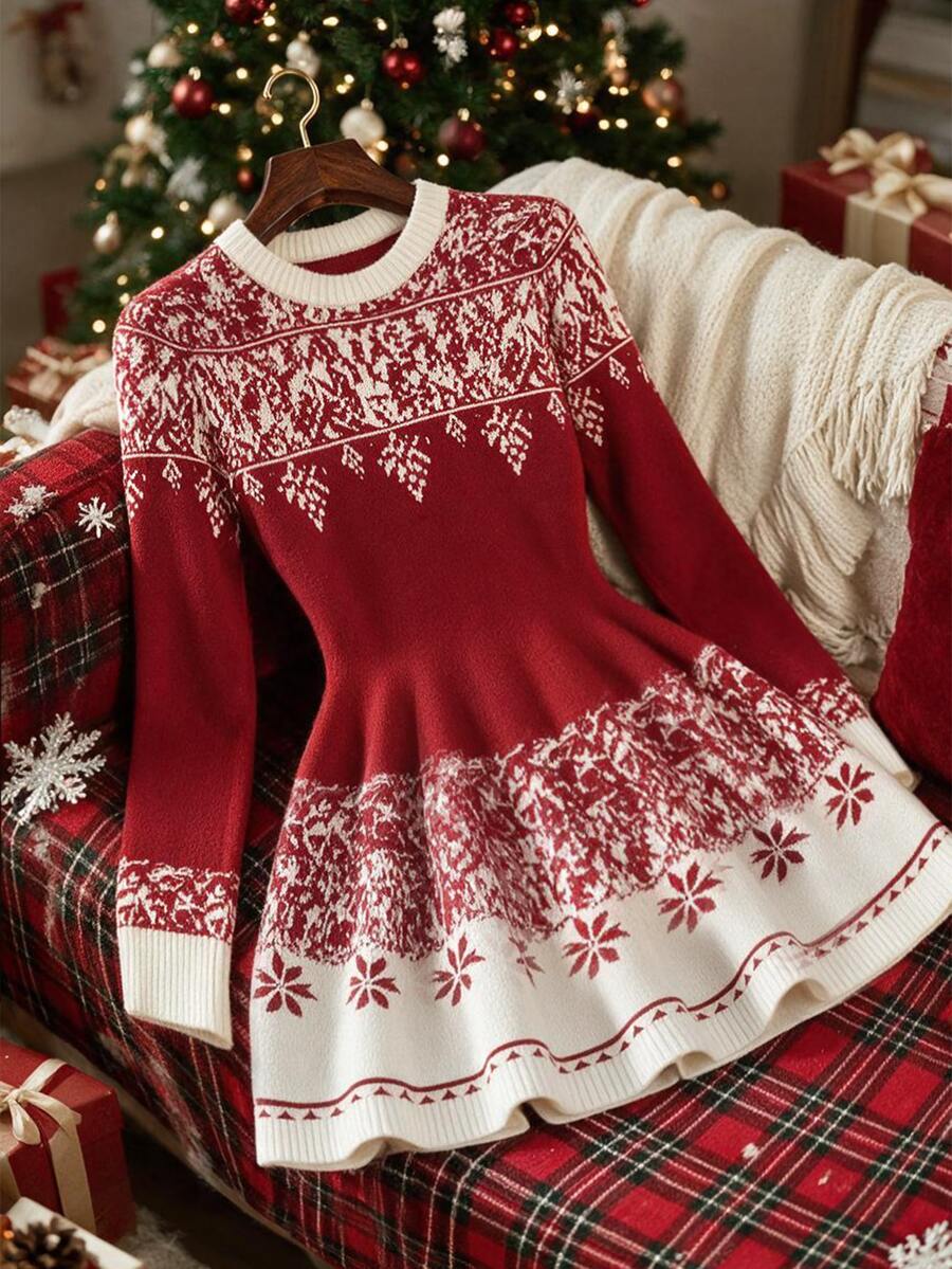 SHEIN Franclia Christmas Snowflake Pattern Knit Mini Dress Crew Neck Long Sleeve Bodycon Sweater Dress - Red and White - View 1