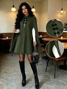 SHEIN Raffinéa 女款 A 字披肩式羊毛立領中式盤扣開衩優雅橄欖綠中長洋裝，適合國慶、晚宴、日常秋季穿著 - 綠色 - 查看 3