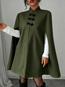 SHEIN Raffinéa 女款 A 字披肩式羊毛立領中式盤扣開衩優雅橄欖綠中長洋裝，適合國慶、晚宴、日常秋季穿著 - 綠色 - 查看 6