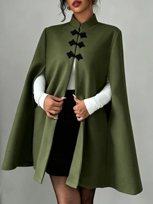 SHEIN Raffinéa 女款 A 字披肩式羊毛立領中式盤扣開衩優雅橄欖綠中長洋裝，適合國慶、晚宴、日常秋季穿著 - 綠色 - 查看 4