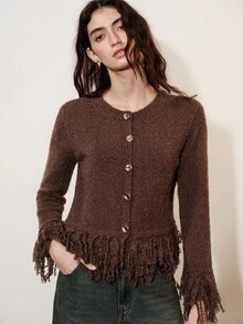 SHEIN Women Cardigan Pants Set Slim Cropped Wide Leg Boucle Texture Knit Fringe Metal Buttons Round Neck Modern Elegant Dark Brown Fall Clothes Going Out - Brown - View 7