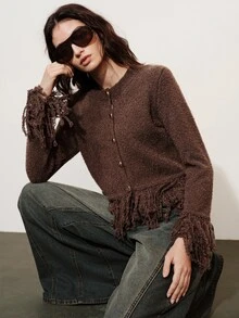 SHEIN Women Cardigan Pants Set Slim Cropped Wide Leg Boucle Texture Knit Fringe Metal Buttons Round Neck Modern Elegant Dark Brown Fall Clothes Going Out - Brown - View 6