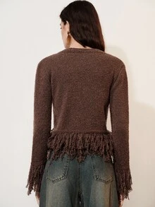 SHEIN Women Cardigan Pants Set Slim Cropped Wide Leg Boucle Texture Knit Fringe Metal Buttons Round Neck Modern Elegant Dark Brown Fall Clothes Going Out - Brown - View 2