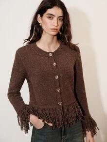 SHEIN Women Cardigan Pants Set Slim Cropped Wide Leg Boucle Texture Knit Fringe Metal Buttons Round Neck Modern Elegant Dark Brown Fall Clothes Going Out - Brown - View 5