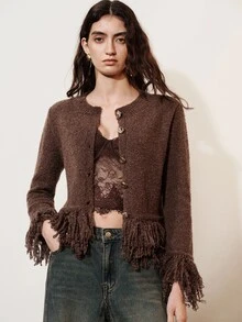 SHEIN Women Cardigan Pants Set Slim Cropped Wide Leg Boucle Texture Knit Fringe Metal Buttons Round Neck Modern Elegant Dark Brown Fall Clothes Going Out - Brown - View 3