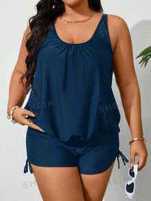 SHEIN Swim Curve Plus Size Women's Simple Solid Color Round Neck Drawstring Ruched Tankini Swimwear, Summer Beach Holiday Style Plus Size Summer Set - Navy Blue - View 1