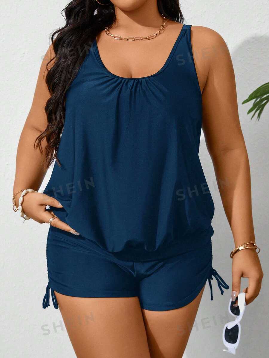 SHEIN Swim Curve Plus Size Women's Simple Solid Color Round Neck Drawstring Ruched Tankini Swimwear, Summer Beach Holiday Style Plus Size Summer Set - Navy Blue - View 1