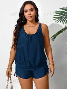 SHEIN Swim Curve Plus Size Women's Simple Solid Color Round Neck Drawstring Ruched Tankini Swimwear, Summer Beach Holiday Style Plus Size Summer Set - Navy Blue - View 3
