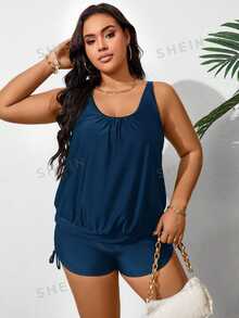 SHEIN Swim Curve Plus Size Women's Simple Solid Color Round Neck Drawstring Ruched Tankini Swimwear, Summer Beach Holiday Style Plus Size Summer Set - Navy Blue - View 6