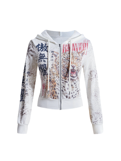 J-Fashion Sudadera con capucha ajustada para mujer con estampado de geisha, tigre y rosa, estilo chino nuevo de la subcultura Y2K