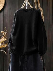SHEIN Plus Size Casual Smart Round Neck Black Button Long Sleeve Cardigan Autumn Formal Vacation Going Out Tops Work Outfits For Women Winter - Black - View 4