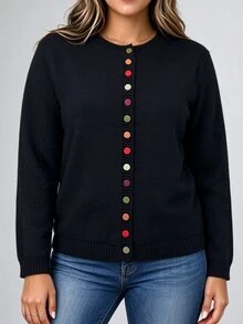 SHEIN Plus Size Casual Smart Round Neck Black Button Long Sleeve Cardigan Autumn Formal Vacation Going Out Tops Work Outfits For Women Winter - Black - View 11
