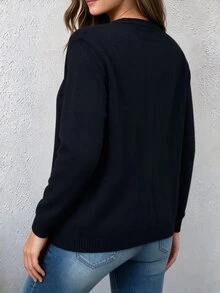 SHEIN Plus Size Casual Smart Round Neck Black Button Long Sleeve Cardigan Autumn Formal Vacation Going Out Tops Work Outfits For Women Winter - Black - View 2