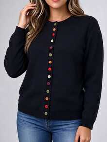 SHEIN Plus Size Casual Smart Round Neck Black Button Long Sleeve Cardigan Autumn Formal Vacation Going Out Tops Work Outfits For Women Winter - Black - View 3