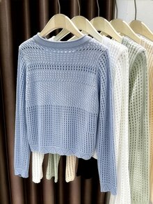 GlowEve CURVE Women's Fall Single Piece Round Neck Hollow Out Beach Office Homewear Vacation Short Loose Elegant Casual Knit Button Cardigan Top Dusty Blue - Blue - View 2
