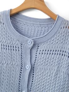 GlowEve CURVE Women's Fall Single Piece Round Neck Hollow Out Beach Office Homewear Vacation Short Loose Elegant Casual Knit Button Cardigan Top Dusty Blue - Blue - View 4