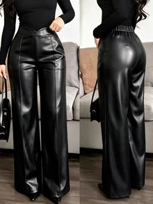 SHEIN LUNE 大尺碼女款純色PU皮革休閒百搭日常穿著長褲 冬季 - 黑色 - 查看 8