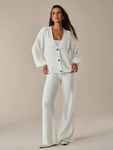 SHEIN Women's Ivory Pearl Embellished V-Neck Button Front Cardigan And Wide Leg Pants Knit Two Pieces Set - White - View 3