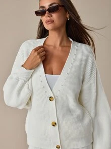 SHEIN Women's Ivory Pearl Embellished V-Neck Button Front Cardigan And Wide Leg Pants Knit Two Pieces Set - White - View 4
