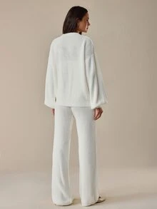SHEIN Women's Ivory Pearl Embellished V-Neck Button Front Cardigan And Wide Leg Pants Knit Two Pieces Set - White - View 2