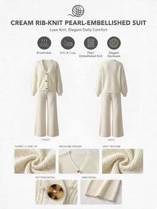 SHEIN Women's Ivory Pearl Embellished V-Neck Button Front Cardigan And Wide Leg Pants Knit Two Pieces Set - White - View 6