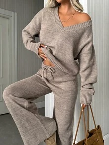 SHEIN Women's Elegant Knit Two Pieces Set – Deep V-Neck Pullover & Wide-Leg Pants - Mocha Brown - View 6