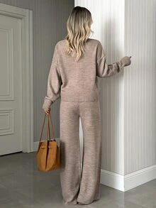 SHEIN Women's Elegant Knit Two Pieces Set – Deep V-Neck Pullover & Wide-Leg Pants - Mocha Brown - View 2