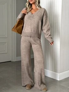 SHEIN Women's Elegant Knit Two Pieces Set – Deep V-Neck Pullover & Wide-Leg Pants - Mocha Brown - View 4