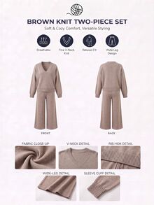 SHEIN Women's Elegant Knit Two Pieces Set – Deep V-Neck Pullover & Wide-Leg Pants - Mocha Brown - View 9