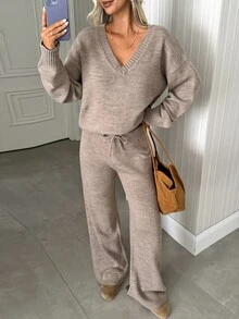 SHEIN Women's Elegant Knit Two Pieces Set – Deep V-Neck Pullover & Wide-Leg Pants - Mocha Brown - View 5