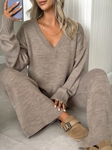 SHEIN Women's Elegant Knit Two Pieces Set – Deep V-Neck Pullover & Wide-Leg Pants - Mocha Brown - View 7