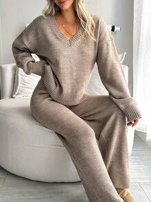 SHEIN Women's Elegant Knit Two Pieces Set – Deep V-Neck Pullover & Wide-Leg Pants - Mocha Brown - View 3