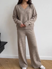 SHEIN Women's Elegant Knit Two Pieces Set – Deep V-Neck Pullover & Wide-Leg Pants - Mocha Brown - View 8
