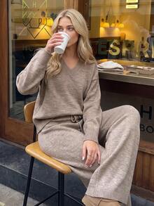 SHEIN Women's Elegant Knit Two Pieces Set – Deep V-Neck Pullover & Wide-Leg Pants - Mocha Brown - View 1