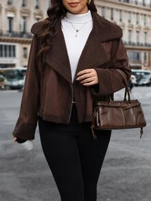 SHEIN Clasi 大尺碼女款秋冬複合抓絨內裡撞色寬鬆長袖夾克，休閒棕色，適合度假、俱樂部、旅行、正式場合與外出 - 巧克力棕 - 查看 8