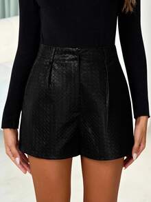 Lavishia Women's Fashion Pocket Pleated Textured Faux Leather Shorts - Black - View 4