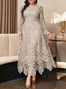 Reflora Plus Size Women's Lace Elegant Decent Waist-Cinched Party Dinner Formal Evening Formal Wedding Guest Dress Wedding Grey Autumn Wedding Autumn Fall - Khaki - View 5