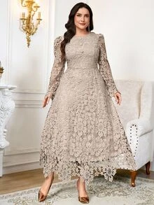 Reflora Plus Size Women's Lace Elegant Decent Waist-Cinched Party Dinner Formal Evening Formal Wedding Guest Dress Wedding Grey Autumn Wedding Autumn Fall - Khaki - View 2