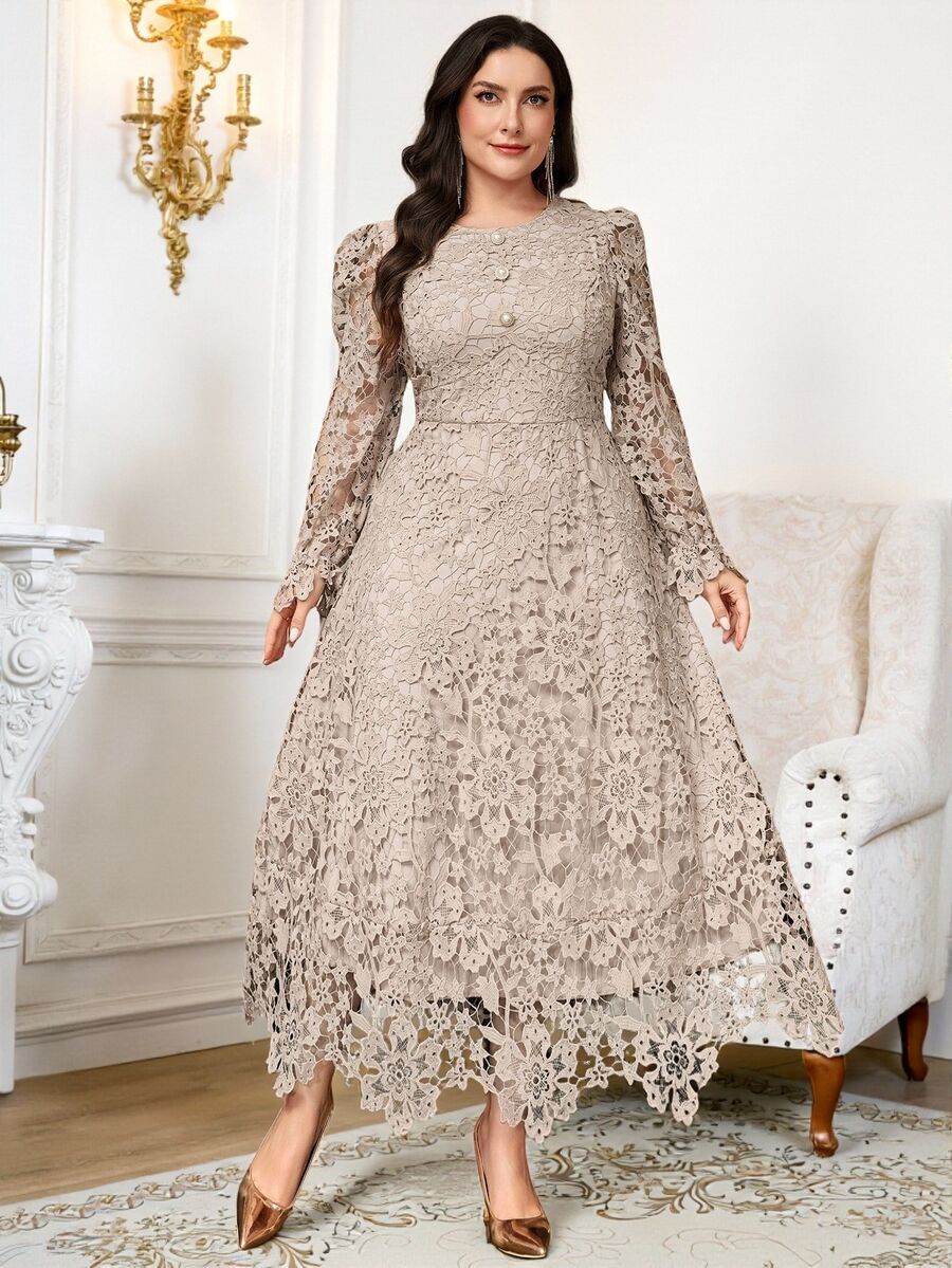 Reflora Plus Size Women's Lace Elegant Decent Waist-Cinched Party Dinner Formal Evening Formal Wedding Guest Dress Wedding Grey Autumn Wedding Autumn Fall