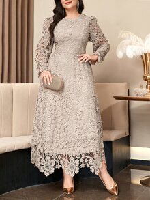 Reflora Plus Size Women's Lace Elegant Decent Waist-Cinched Party Dinner Formal Evening Formal Wedding Guest Dress Wedding Grey Autumn Wedding Autumn Fall - Khaki - View 10