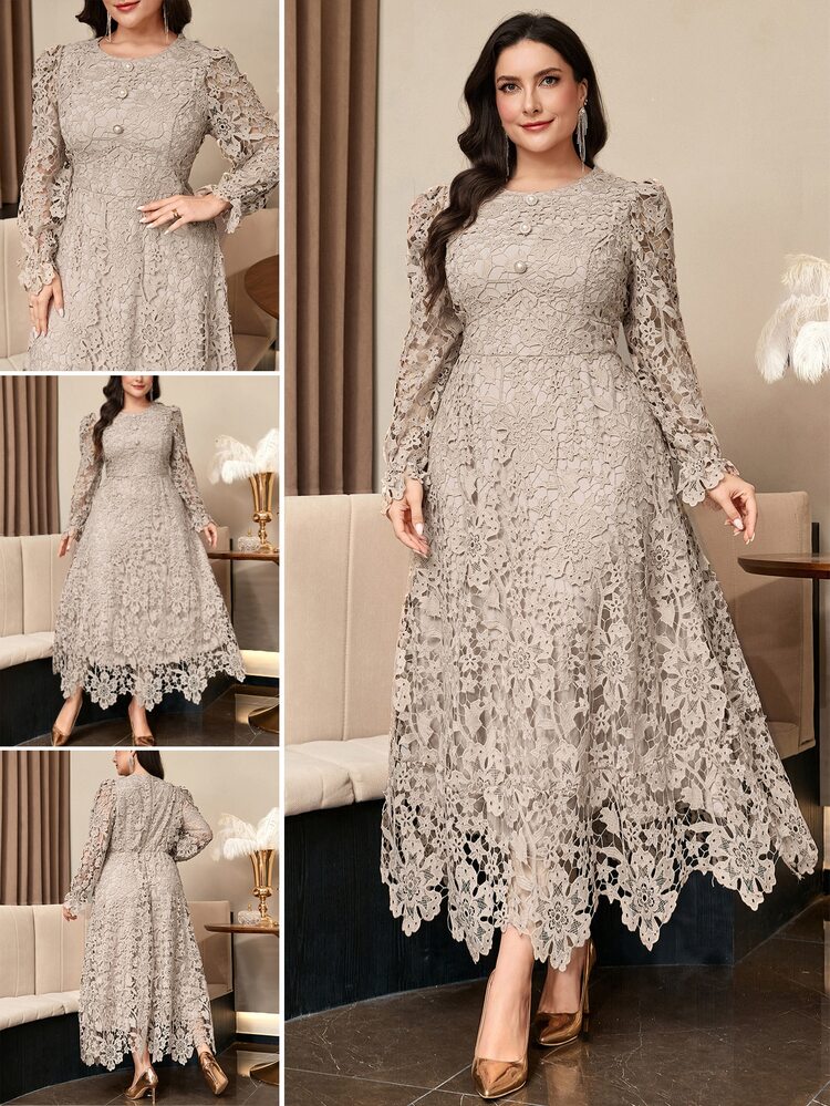 Reflora Plus Size Women's Lace Elegant Decent Waist-Cinched Party Dinner Formal Evening Formal Wedding Guest Dress Wedding Grey Autumn Wedding Autumn Fall - Khaki - View 3