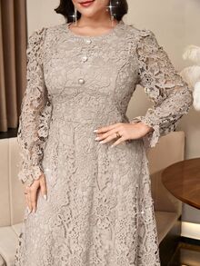 Reflora Plus Size Women's Lace Elegant Decent Waist-Cinched Party Dinner Formal Evening Formal Wedding Guest Dress Wedding Grey Autumn Wedding Autumn Fall - Khaki - View 3