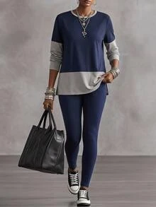 SHEIN LUNE Plus Size Women's Colorblock Round Neck Long Sleeve T-Shirt And Leggings Baggy 2 Pieces Set Formal Vacation Home Wear Navy Blue Autumn Going Out Fall - Navy Blue - View 10