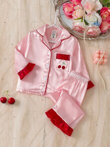 Baby Girl Embroidered Cherry Pocket Satin Single-Breasted Long Sleeve Top And Pants Loungewear Pajama Set - Pink - View 8