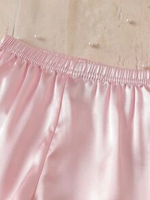 Baby Girl Embroidered Cherry Pocket Satin Single-Breasted Long Sleeve Top And Pants Loungewear Pajama Set - Pink - View 7