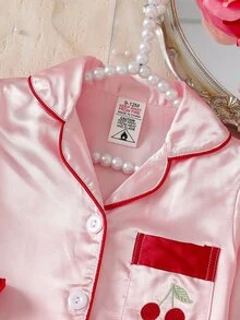 Baby Girl Embroidered Cherry Pocket Satin Single-Breasted Long Sleeve Top And Pants Loungewear Pajama Set - Pink - View 3