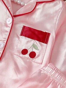 Baby Girl Embroidered Cherry Pocket Satin Single-Breasted Long Sleeve Top And Pants Loungewear Pajama Set - Pink - View 4