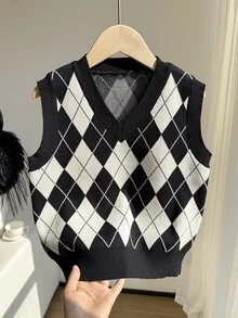 SHEIN Tween Girls Cute Pink Argyle Sweater Vest, Pullover Style, Preppy Look, Autumn/Winter Outerwear, Fashionable Vacation Essential - Black - View 3