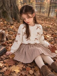 SHEIN 2pcs/Set Tween Girl Elegant Cute Bow Knit Sweater And Pleated Knit Skirt Set - Apricot - View 4