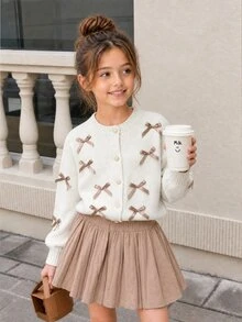 SHEIN 2pcs/Set Tween Girl Elegant Cute Bow Knit Sweater And Pleated Knit Skirt Set - Apricot - View 8